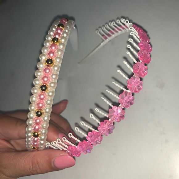 Vintage pearl and pink flower headbands - Picture 2 of 4